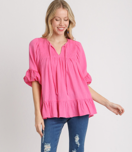 Airy Cotton Gauze Babydoll Tunic Top - 3/4 Sleeve