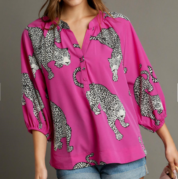 Fuchsia Leopard Print Popover Blouse | 3/4 Sleeve Tunic Top
