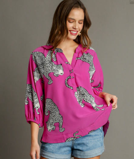 Fuchsia Leopard Print Popover Blouse | 3/4 Sleeve Tunic Top