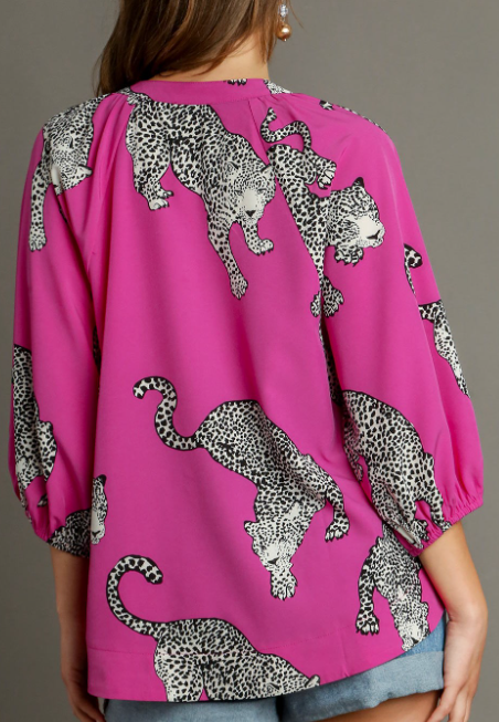 Fuchsia Leopard Print Popover Blouse | 3/4 Sleeve Tunic Top