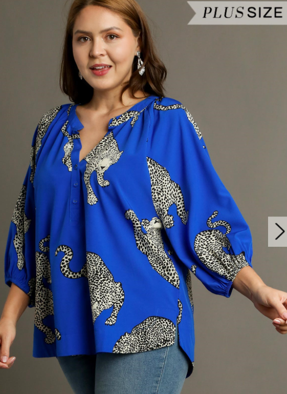 Fuchsia Leopard Print Popover Blouse | 3/4 Sleeve Tunic Top
