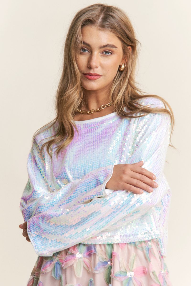 Oversized Sequin Long Sleeve Crop Top