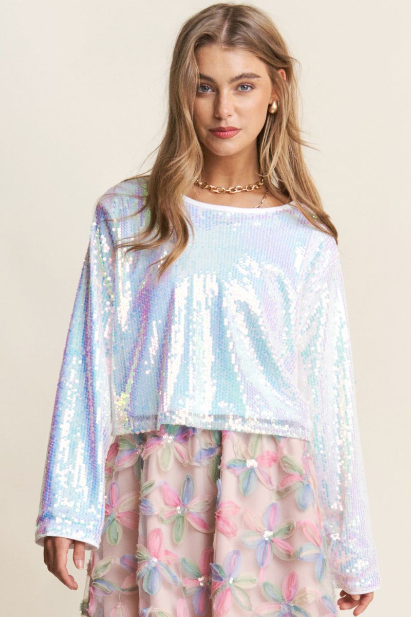 Oversized Sequin Long Sleeve Crop Top