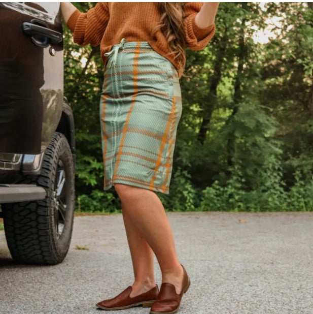The Fern Modest Plaid Athletic Skort for Women | Knee-Length Pencil Skirt with Built-in Shorts & Pockets