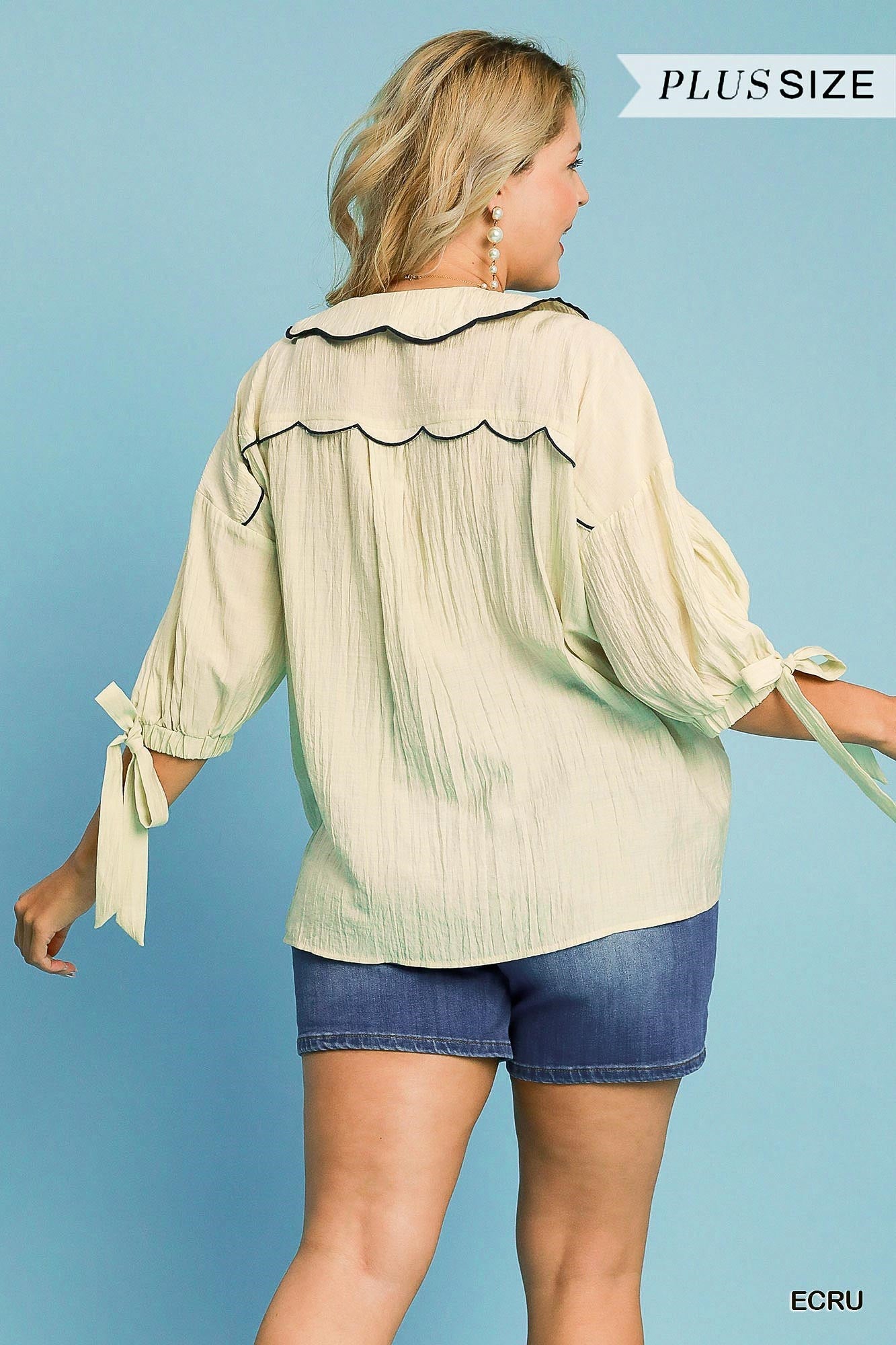 Plus Size Embroidered Scalloped Collar Button Down Top