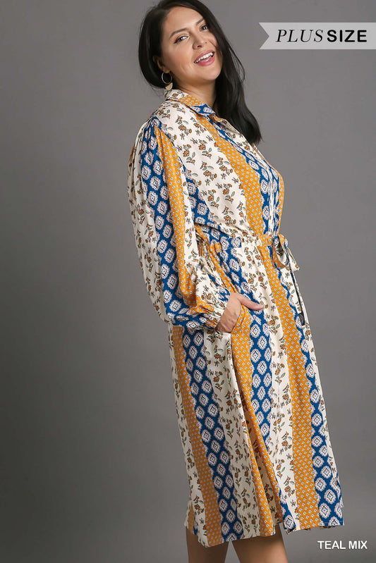 Mixed Print Elastic Waistband Front Tie Midi Dress (PLUS)