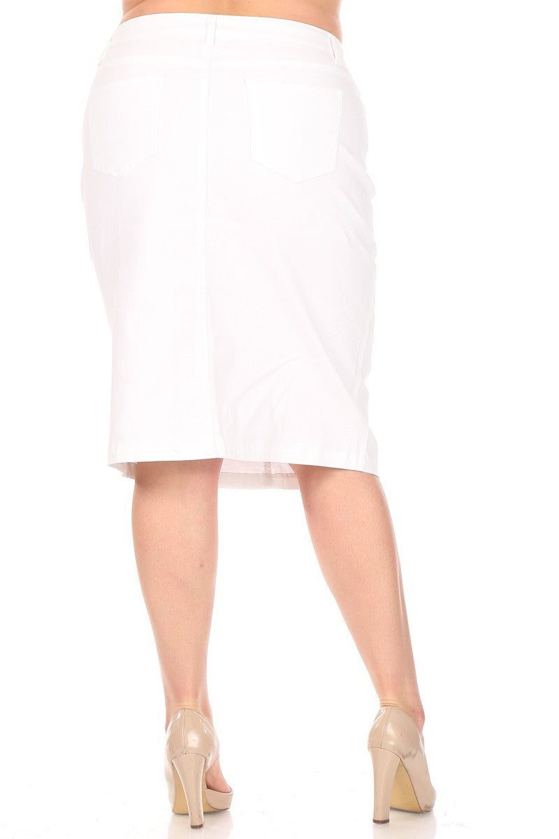 White Plus Size Denim Stretch Pencil Skirt - Calf Length