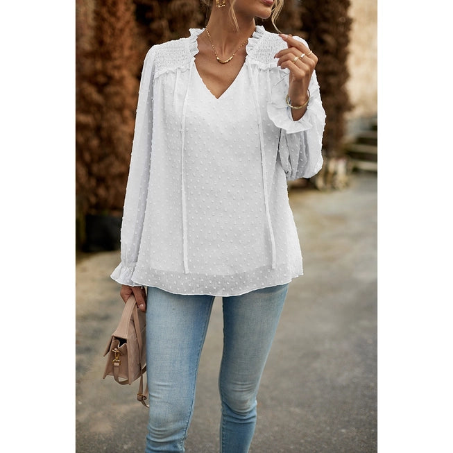 Elegant White Swiss Dot V-Neck Blouse - Flowy Long Sleeve Chiffon Top for Women