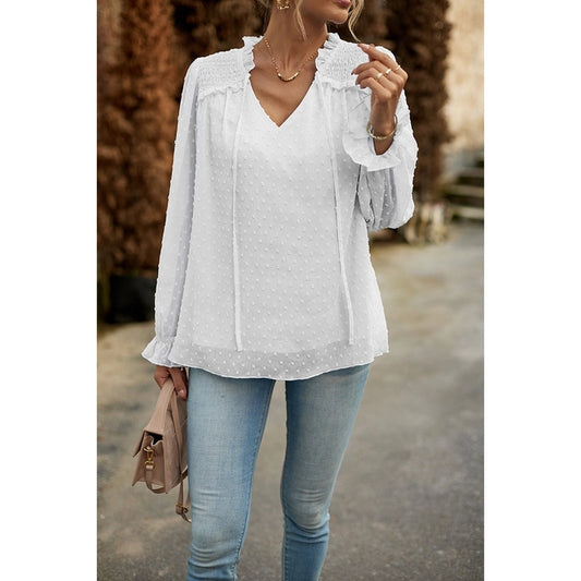 Elegant White Swiss Dot V-Neck Blouse - Flowy Long Sleeve Chiffon Top for Women