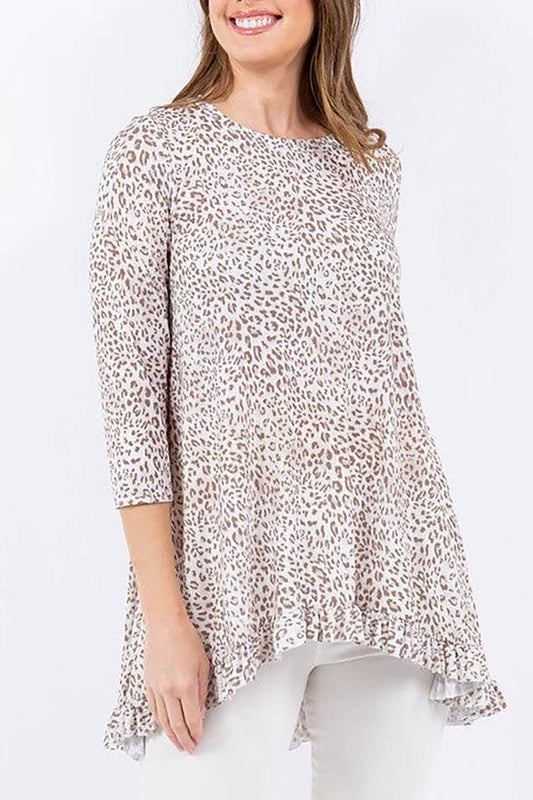 Soft Stretch Leopard Animal Print Women's Tunic - 3/4 Sleeve Hi-Low Top