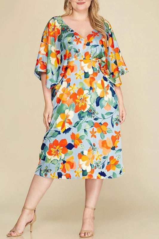 Kimono Sleeves Satin Midi Dress