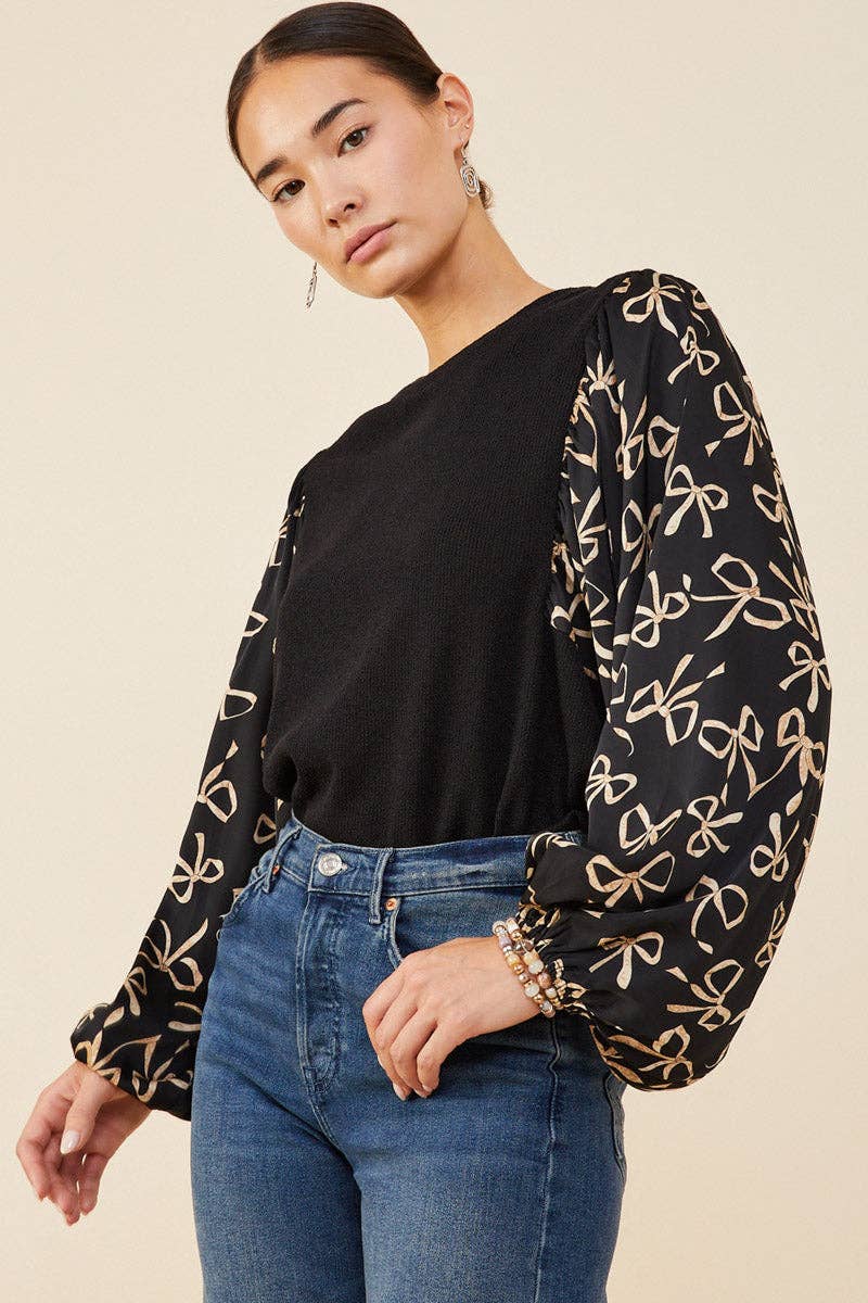 Trendy Plus Size Bow Print Puff Sleeve Blouse | Curvy Top