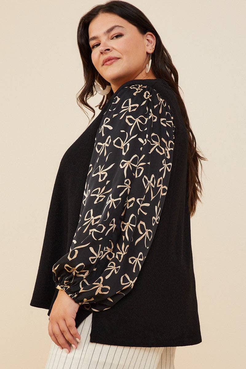 Trendy Plus Size Bow Print Puff Sleeve Blouse | Curvy Top