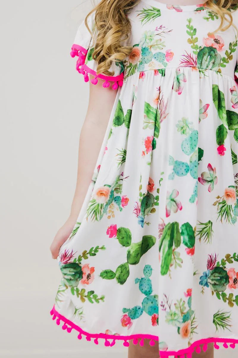 Toddler Girls Cactus Print Pom Pom Summer Dress | Beach & Play