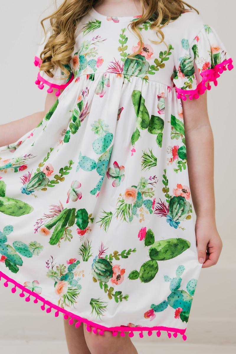 Toddler Girls Cactus Print Pom Pom Summer Dress | Beach & Play