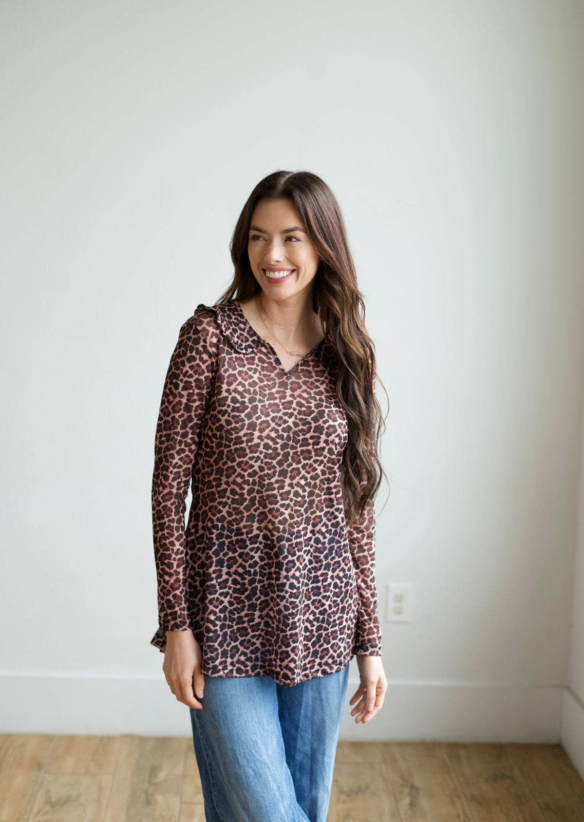 Cheetah Collar Mesh Top