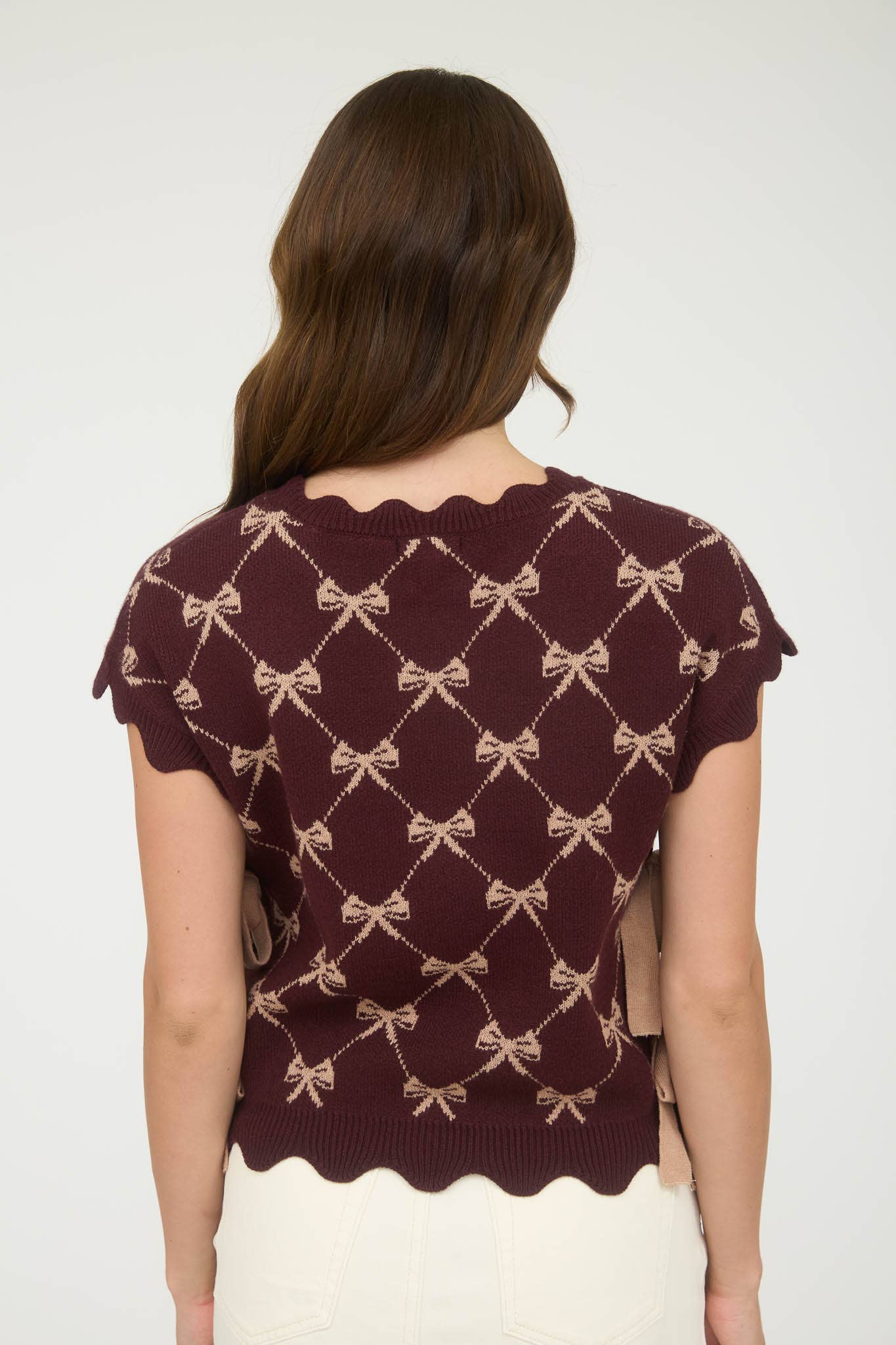 Burgandy Bow Knit Vest Sweater - Scalloped Edge Sleeveless Top