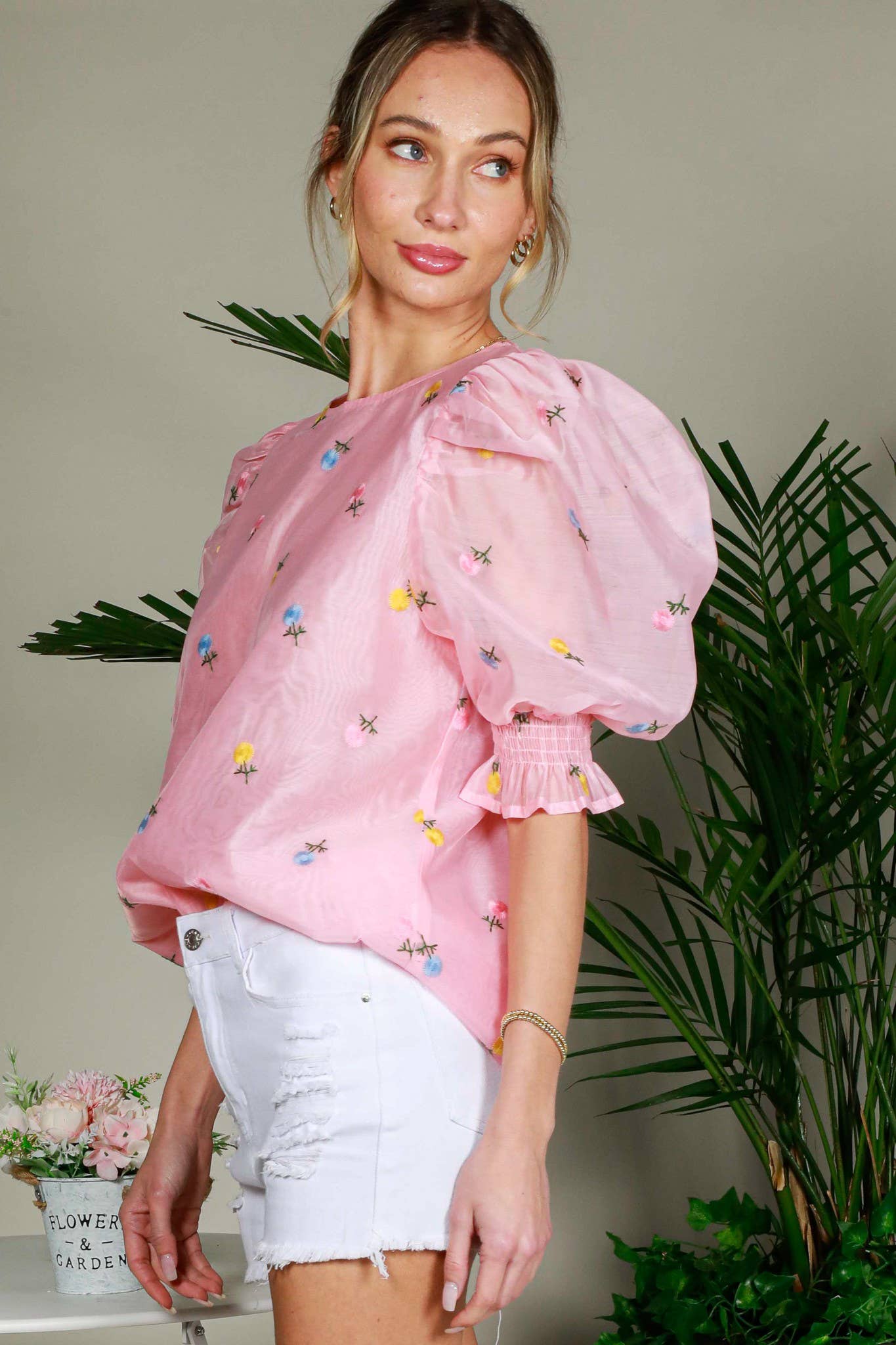 Chic Sheer Organza Blouse with Ditsy Floral Embroidery & Puffy Balloon Sleeves