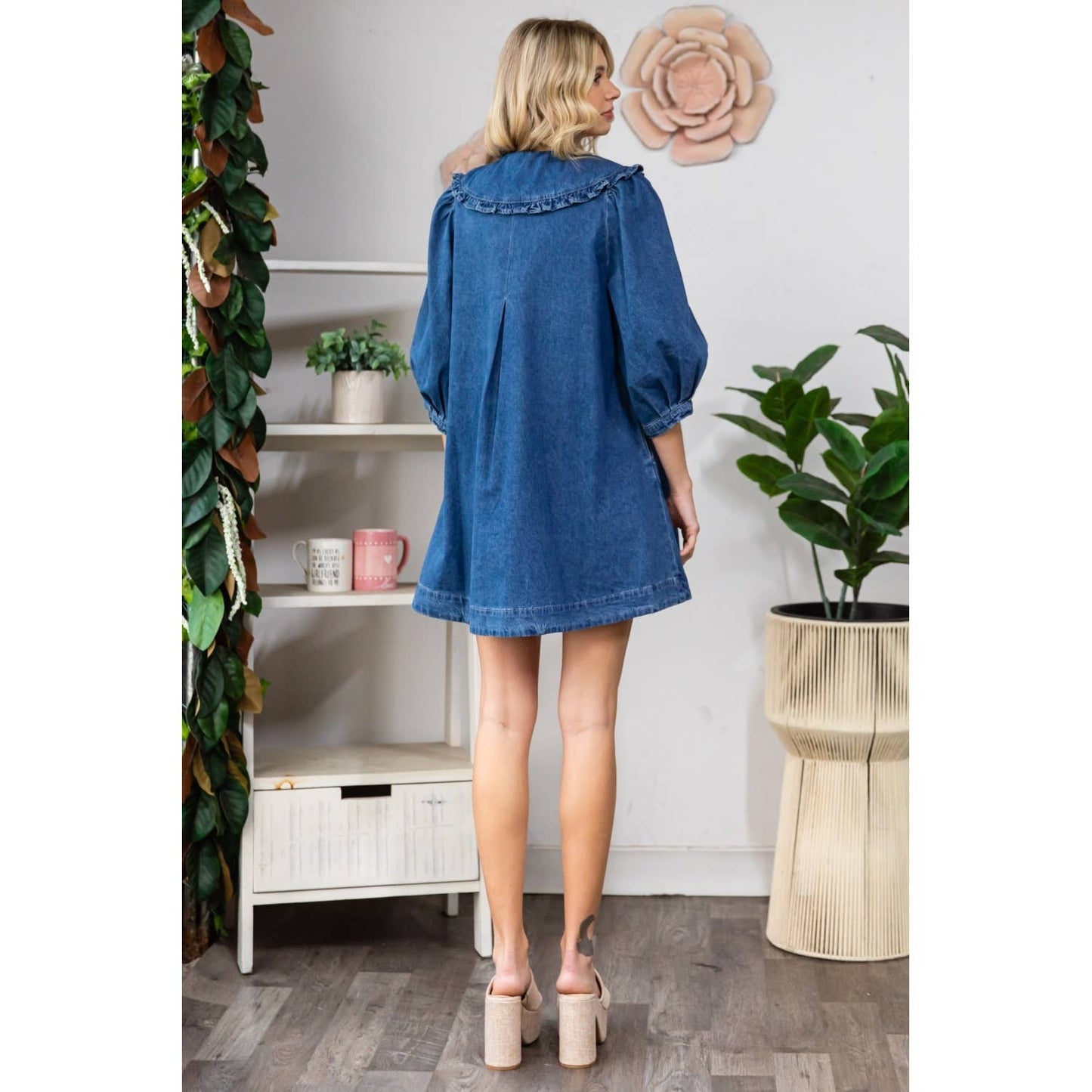 Ruffle V-Neck Denim Mini Dress with Tie Collar