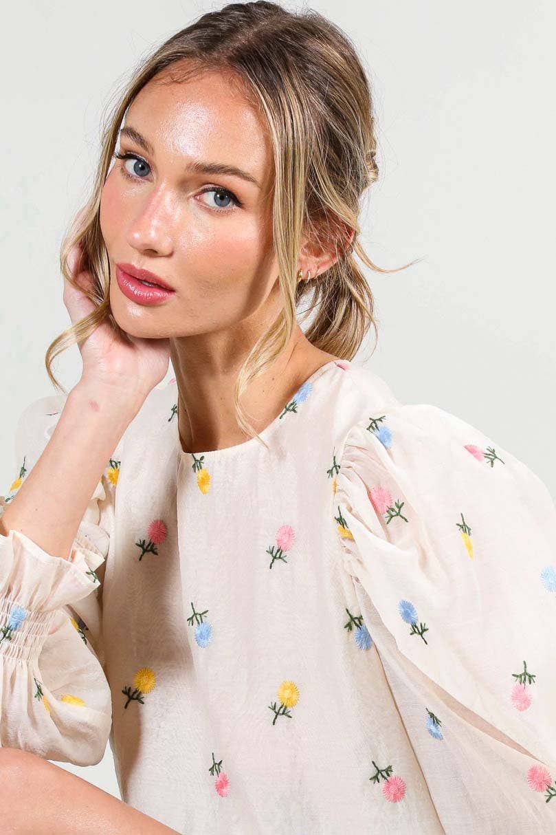 Chic Sheer Organza Blouse with Ditsy Floral Embroidery & Puffy Balloon Sleeves