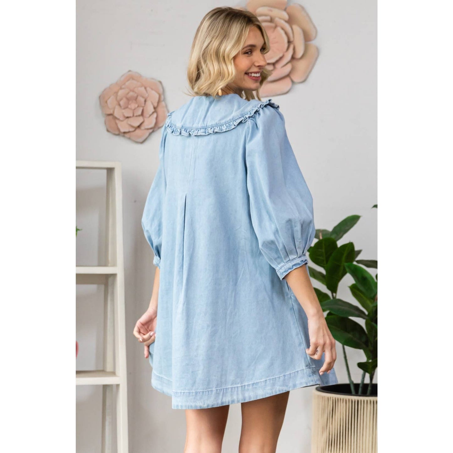 Ruffle V-Neck Denim Mini Dress with Tie Collar