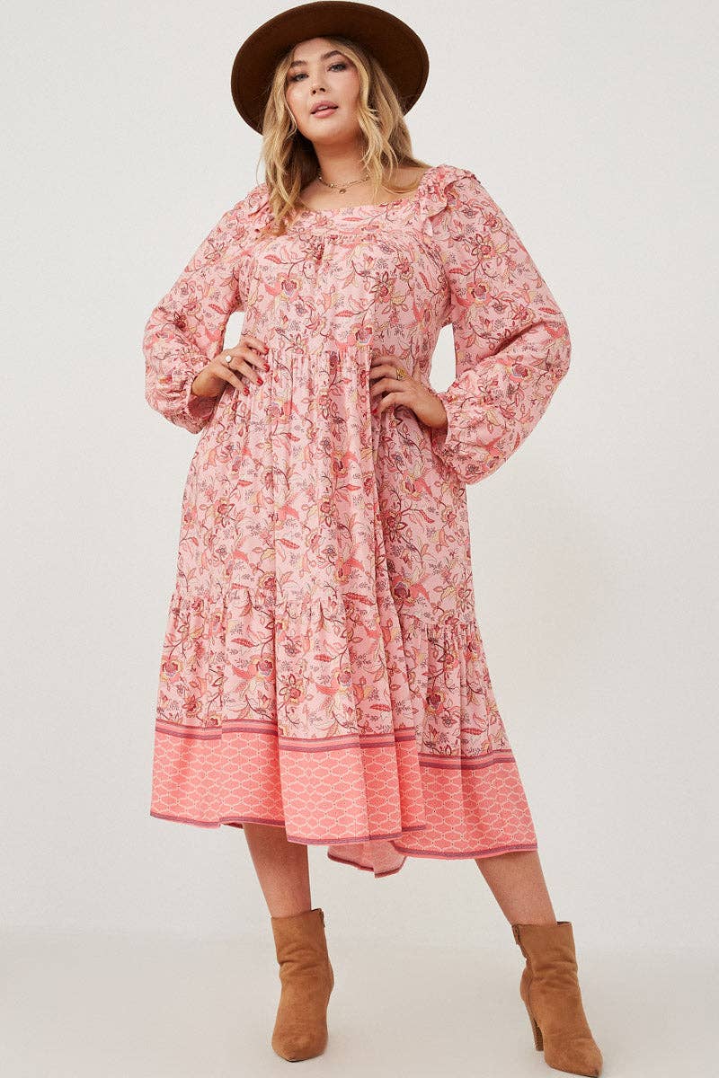 Pink Floral Tiered Midi Dress | Smock Style with Balloon Sleeves