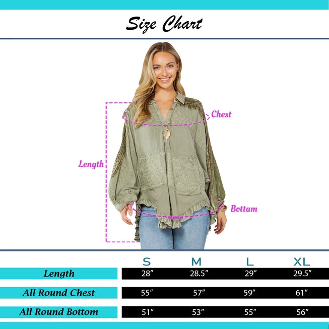 Bohemian Embroidered Velvet Patchwork Tunic Top - Olive Green