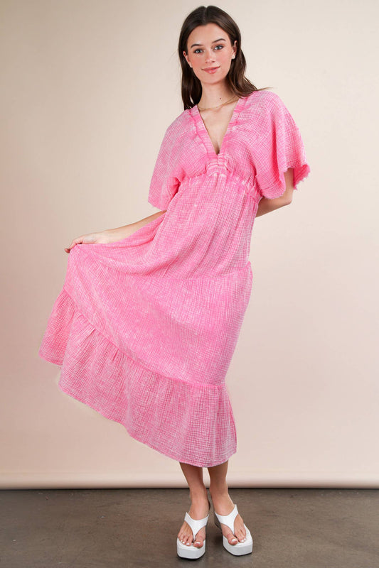 Mineral Washed Elastic Neck Detail Midi Dress