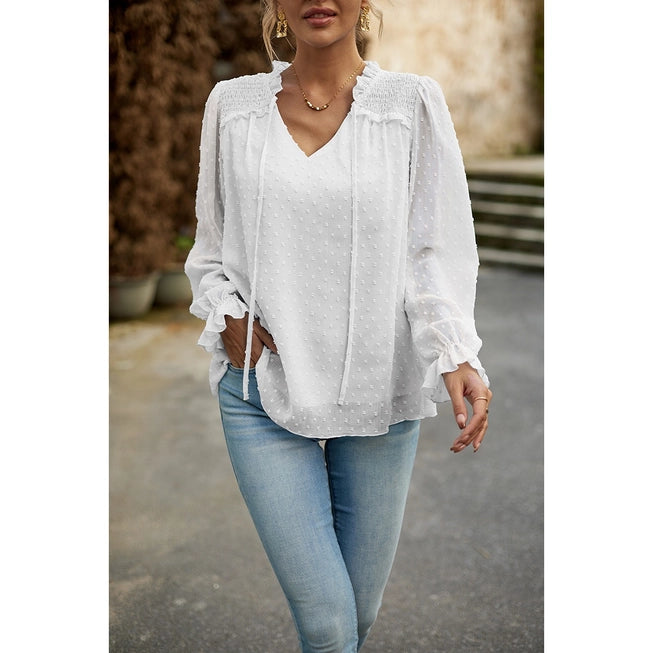 Elegant White Swiss Dot V-Neck Blouse - Flowy Long Sleeve Chiffon Top for Women