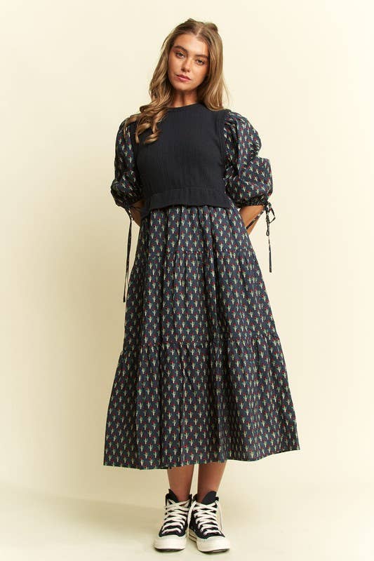 Floral Print Mixed Media Tiered Midi Dress (Curvy)