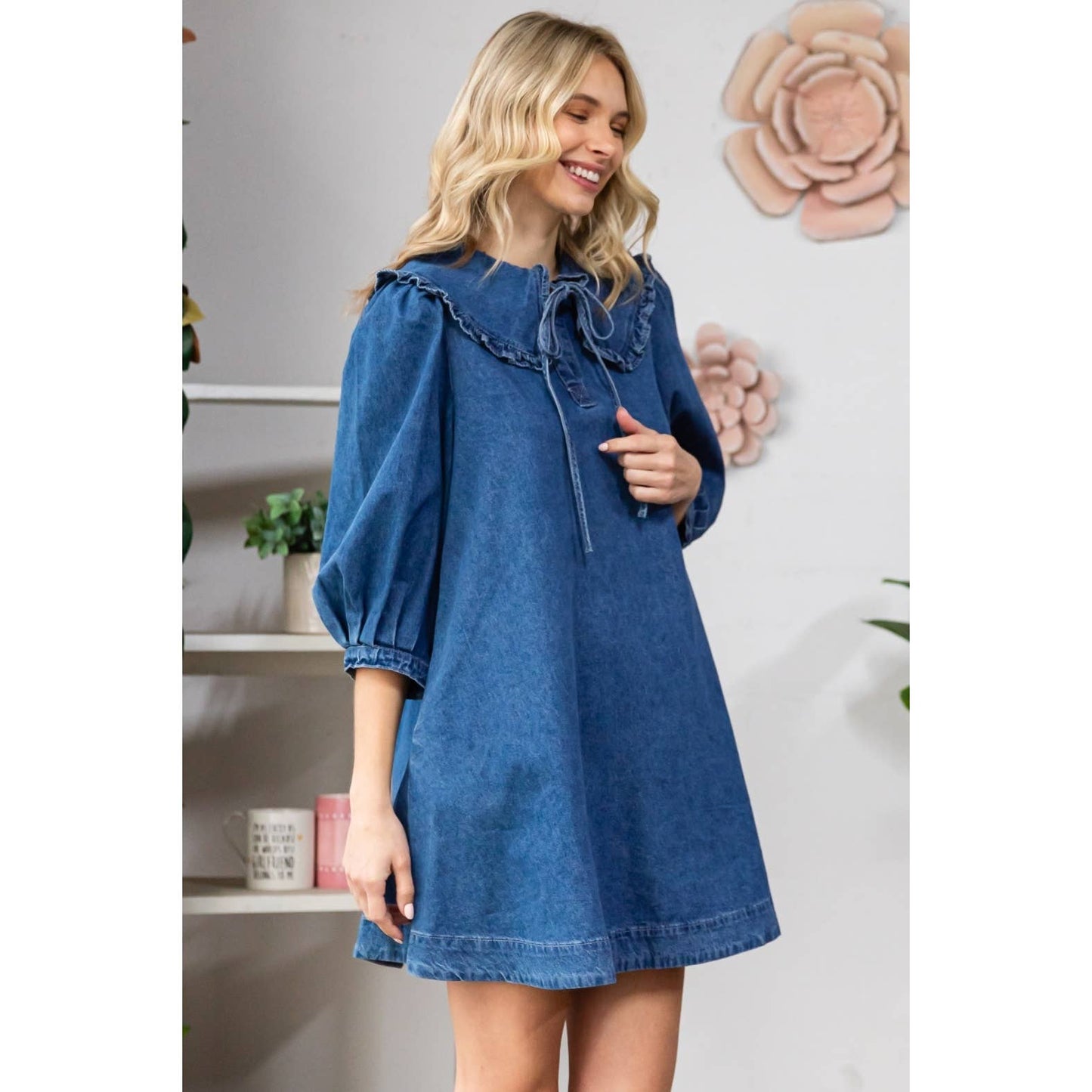 Ruffle V-Neck Denim Mini Dress with Tie Collar