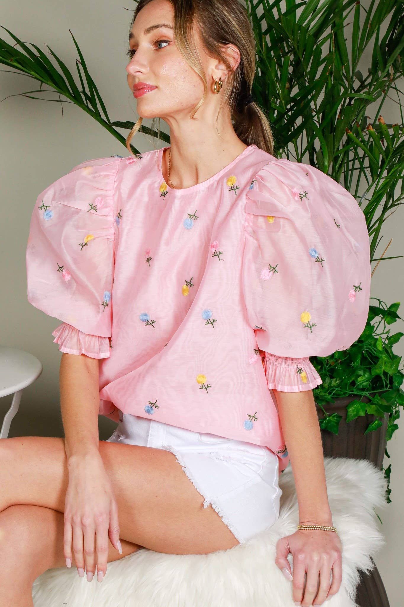 Chic Sheer Organza Blouse with Ditsy Floral Embroidery & Puffy Balloon Sleeves