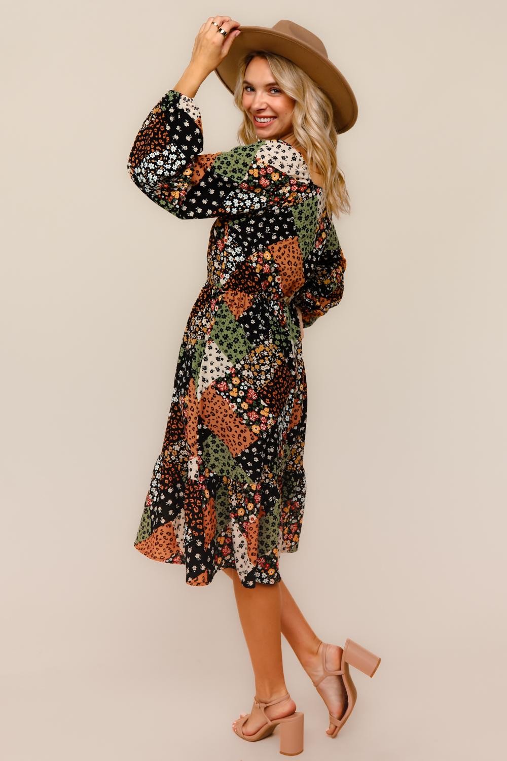 Autumn Floral Patchwork Midi Dress | Boho Long Sleeve