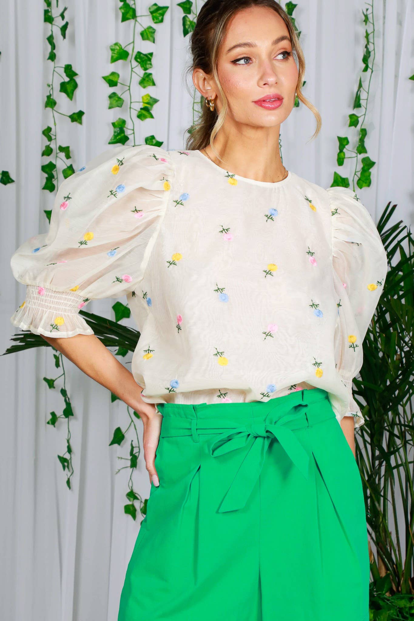Chic Sheer Organza Blouse with Ditsy Floral Embroidery & Puffy Balloon Sleeves