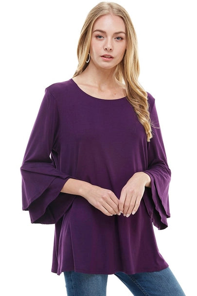 Elegant Double Layer Bell Sleeve Tunic Top - Flowy Rayon Spandex Knit