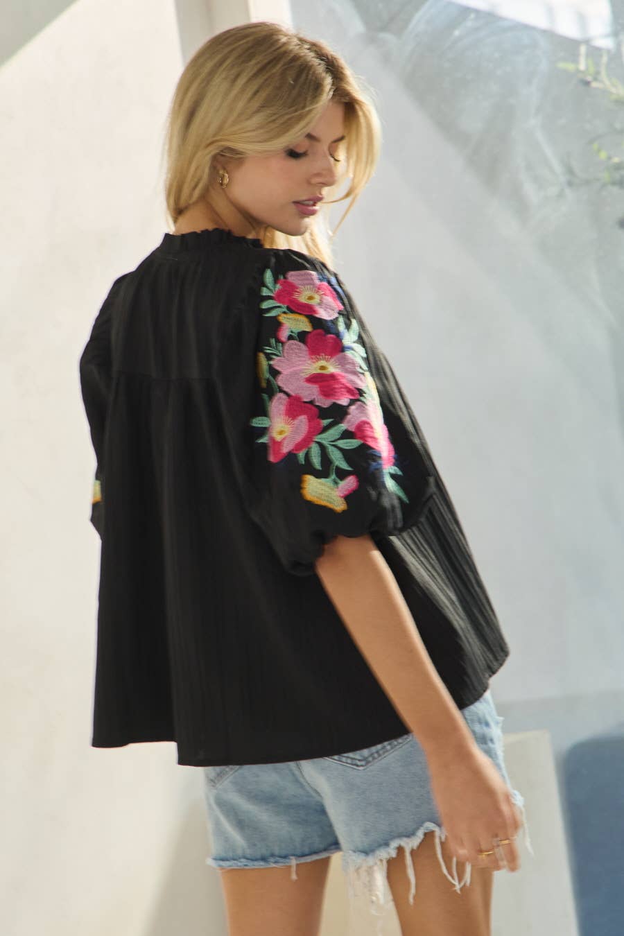 Black Embroidered Puff Sleeve Peasant Blouse | Mock Neck Top