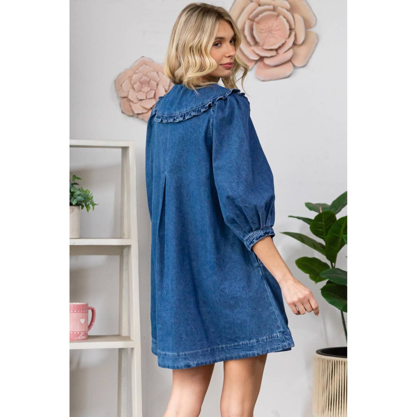 Ruffle V-Neck Denim Mini Dress with Tie Collar