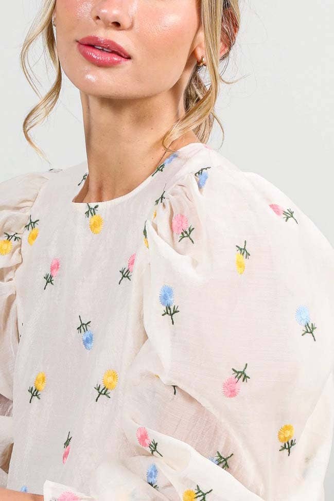 Chic Sheer Organza Blouse with Ditsy Floral Embroidery & Puffy Balloon Sleeves