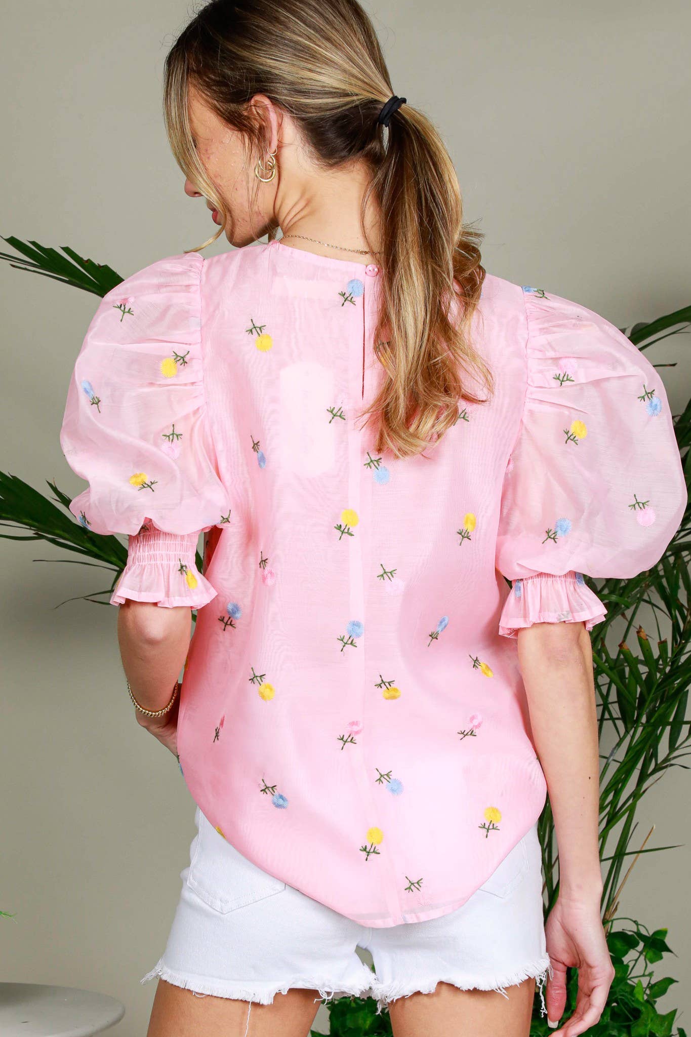 Chic Sheer Organza Blouse with Ditsy Floral Embroidery & Puffy Balloon Sleeves
