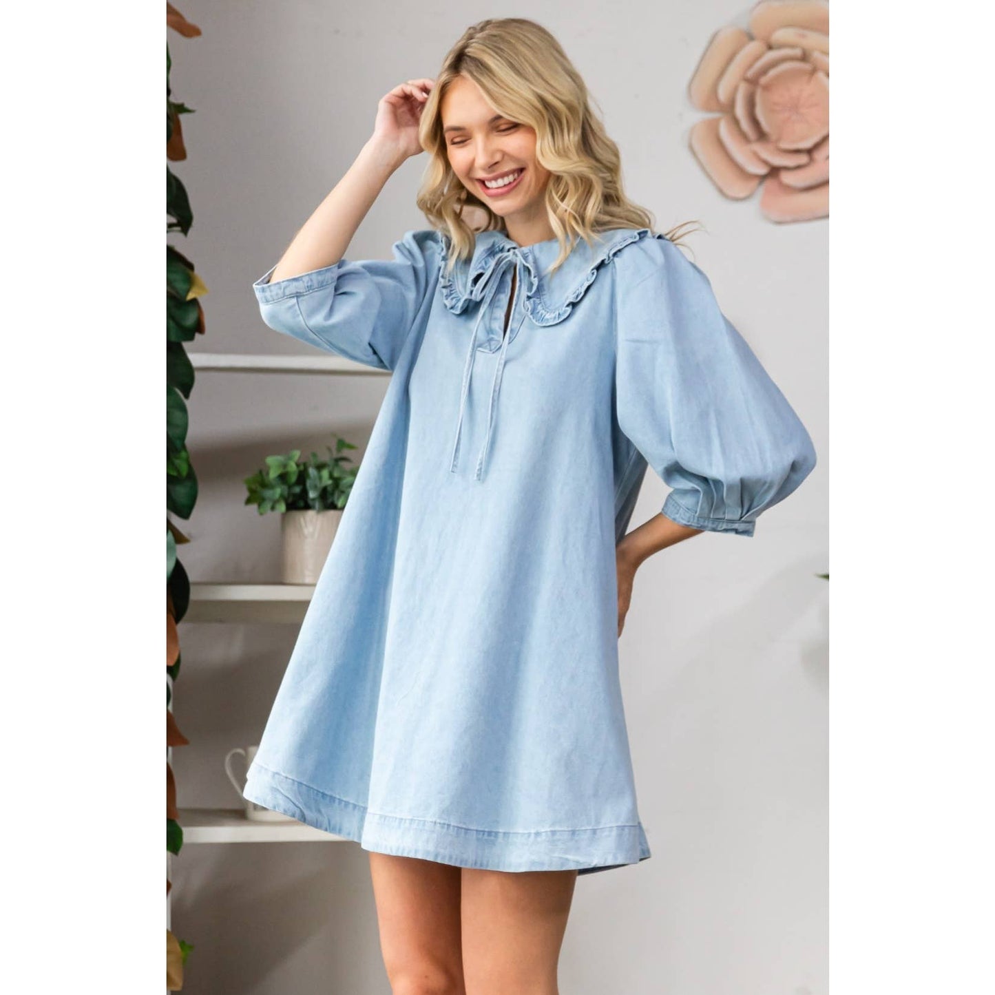 Ruffle V-Neck Denim Mini Dress with Tie Collar