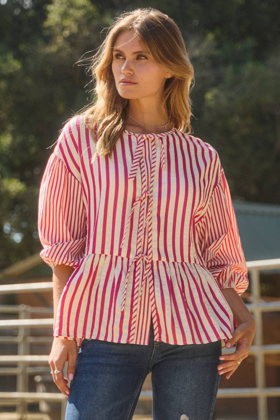 Textured Striped Front Tie Blouse (PLUS)