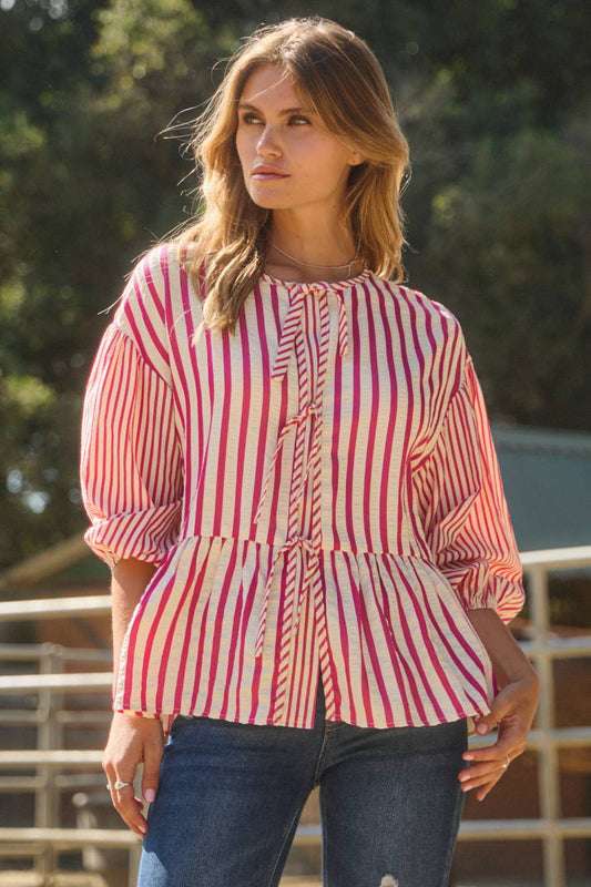 Textured Striped Front Tie Blouse (PLUS)