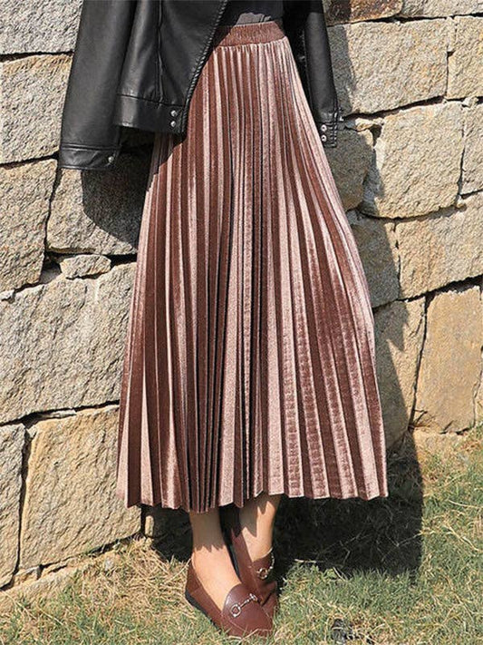 Luxurious High-Waist Velvet Pleated Midi Skirt - Elegant A-Line Fall & Winter Essential