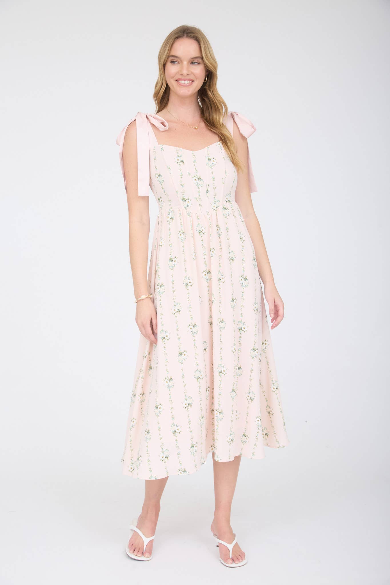 STRIPE FLORAL TIE STRAP CORSET MIDI DRESS