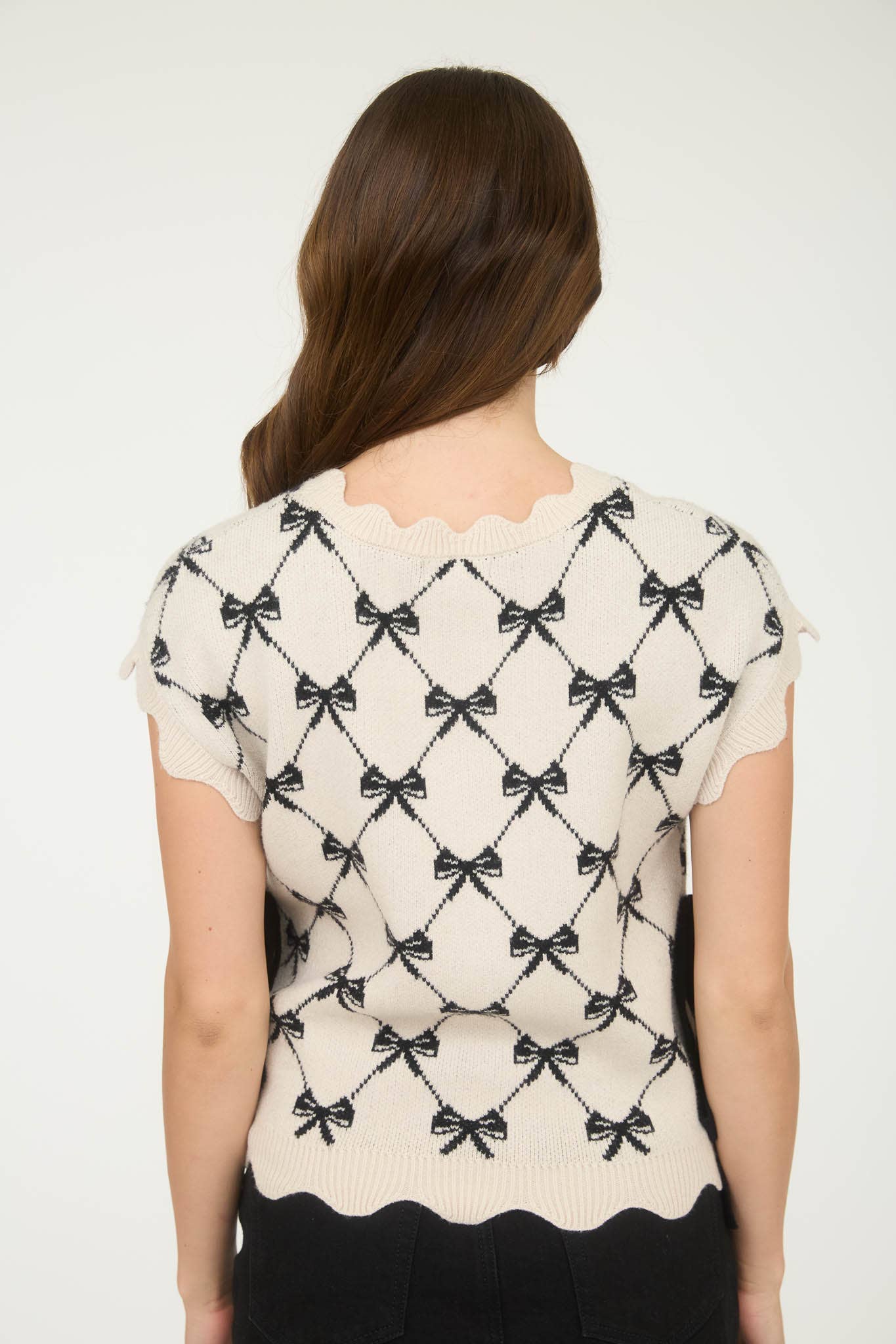 Black Bow Knit Vest Sweater - Scalloped Edge Sleeveless Top
