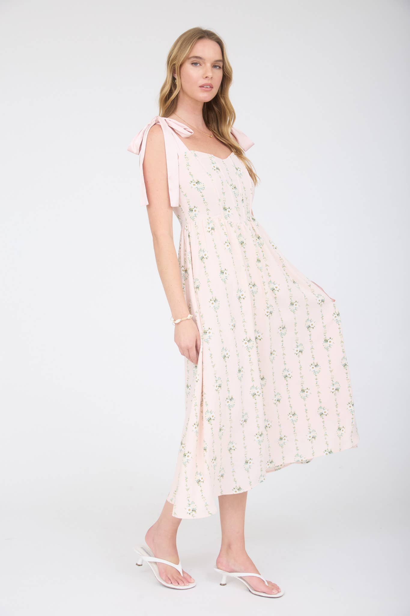 STRIPE FLORAL TIE STRAP CORSET MIDI DRESS