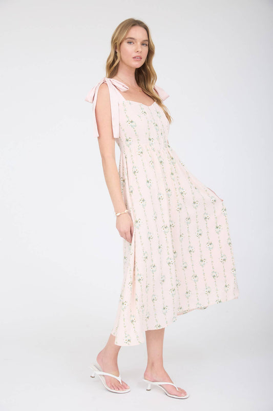 STRIPE FLORAL TIE STRAP CORSET MIDI DRESS