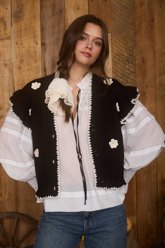 Crochet Floral Ruffled Knit Cardigan