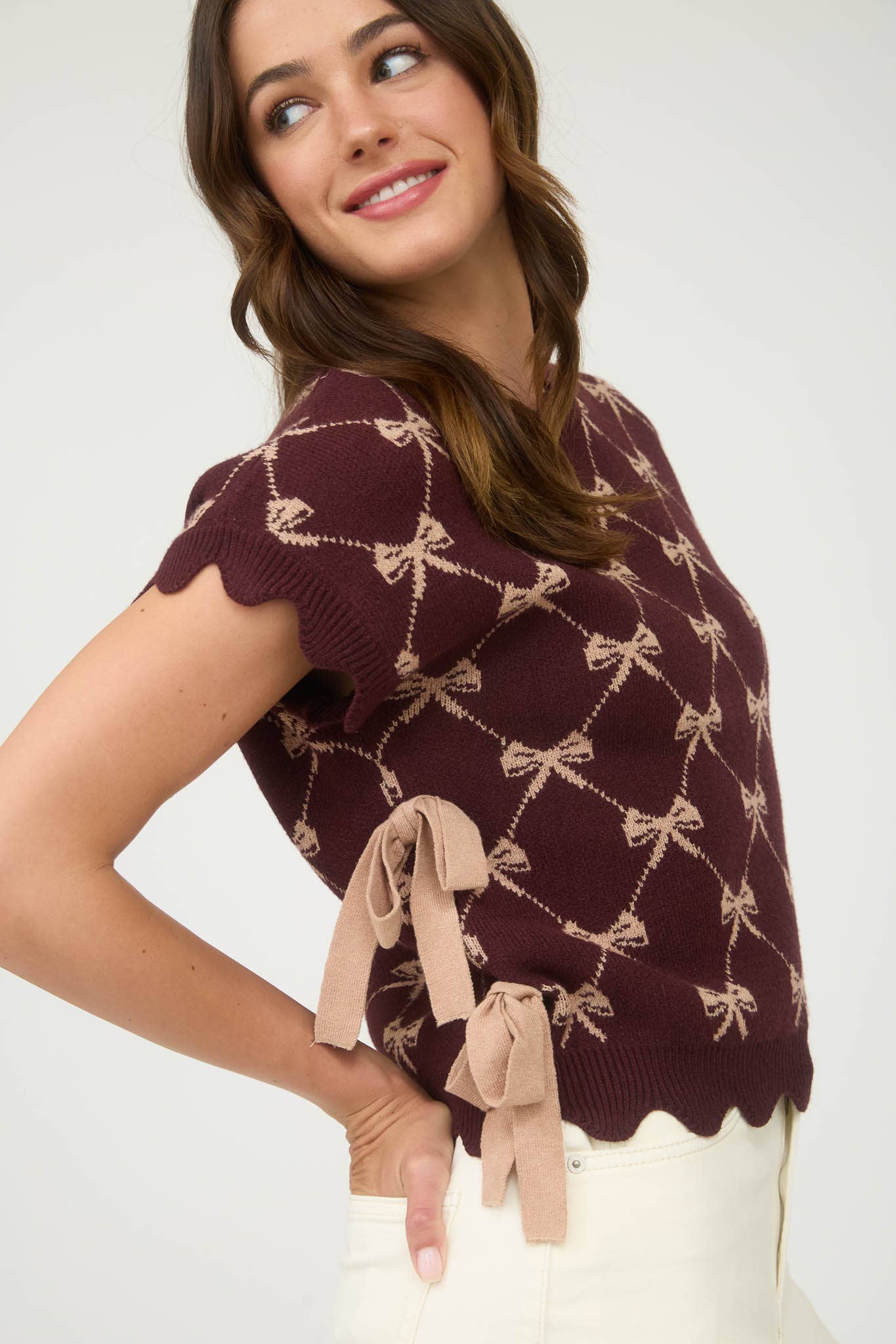 Burgandy Bow Knit Vest Sweater - Scalloped Edge Sleeveless Top