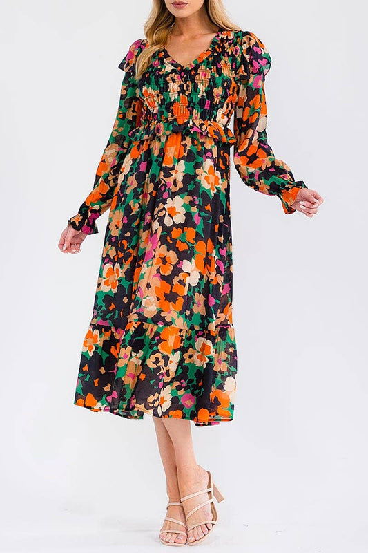 FLORAL PRINT SMOCK V NECK RUFFLE MAXI DRESS